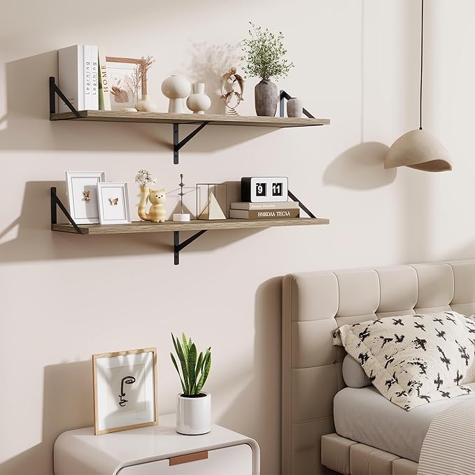 Acovy Floating Shelves for Wall,40" Wall Mounted Shelves Set of 2,Long Wood Floating Shelves,Hanging Wide Display & Storage Shelf with Metal Brackets for Bathroom,Bedroom,Kitchen,Living Room,Grey