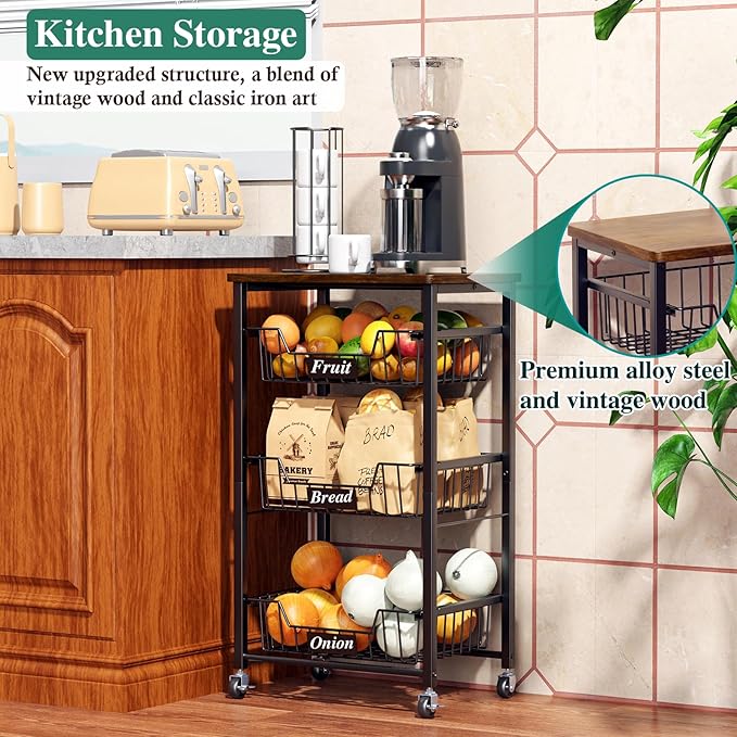 OKZEST 4-Tier Small Kitchen Storage Cart on Wheels, Metal Fruit Basket Stand with Pull-Out Baskets & Wood Top for Potato Onion Produce Snack Veggies