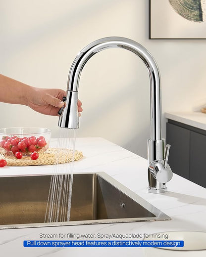 Metal Kitchen Faucet Head Replacement – 3 Mode High-Pressure Sink Sprayer Replacement with 15 Nozzle Adapters, Durable Pull Down Spray Head for Kitchen Sink, Chrome, Stainless Steel