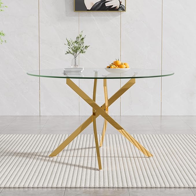 Modern Glass Dining Table Round Dining Room Table with Tempered Glass Top, Gold Metal Legs Circle Kitchen Dining Room Table for 4-6 People, 47" D x 47" W x 30" H
