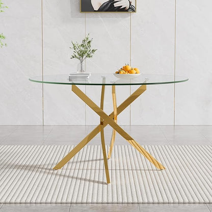 Modern Glass Dining Table Round Dining Room Table with Tempered Glass Top, Gold Metal Legs Circle Kitchen Dining Room Table for 4-6 People, 47" D x 47" W x 30" H