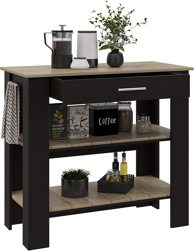 GOWE Kitchen Island 37" H, Two Open Storage Shelves, One Drawer, Four Legs,Towel Hanger, Black/Light Oak