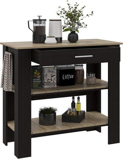 GOWE Kitchen Island 37" H, Two Open Storage Shelves, One Drawer, Four Legs,Towel Hanger, Black/Light Oak