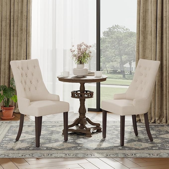 COLAMY Wingback Upholstered Dining Chairs Set of 2, Fabric Side Dining Room Chairs with Tufted Button, Living Room Chairs for Home Kitchen Resturant- Beige