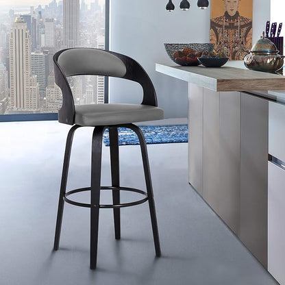Armen Living Shelly 26" Counter Height Swivel Gray Faux Leather and Black Wood Bar Stool - Set of 2