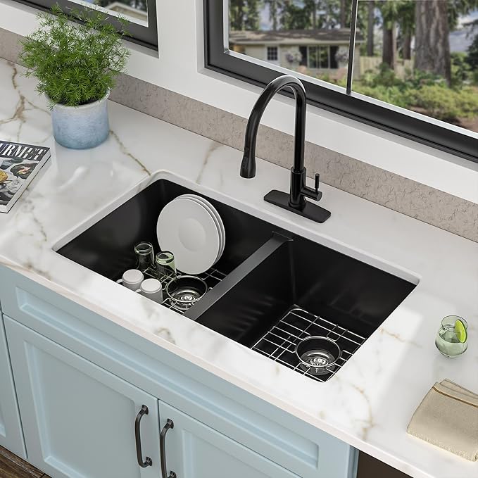 33 Granite Composite Kitchen Sink Double Bowl - Fulorni 33"×19" Granite Kitchen Sink Black Undermount Double Bowl 50/50 Matte Black Quartz Classic Composite Under Counter Sink Basin