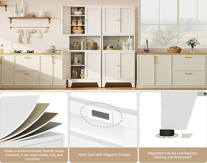 69" H Kitchen Hutch Cabinet with Storage,White Metal Storage Cabinet,Microwave Cabinet,Kitchen Pantry Cabinet with Countertop