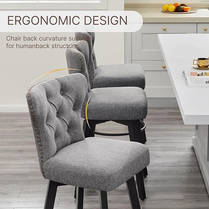 KISLOT Counter Height Barstools 26 inch Upholstered Button Tufted Swivel Bar Stools with Back for Kitchen Island,Set of 2,Dark Grey Fabric