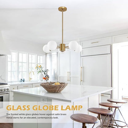 Bagood 5-Light Globe Sputnik Chandelier Mid Century Sputnik Chandeliers Modern Gold Globe Pendant Light Brushed Brass Finished with White Frosted Glass Lampshade for Dining Room Bedroom Kitchen