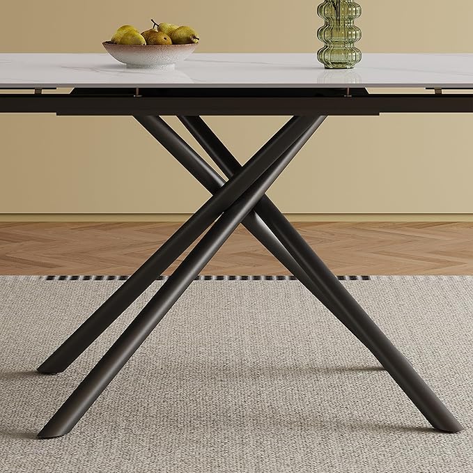 Runboll Extendable Rectangular Dining Table Set for 8, 47"-71" Modern Sintered Stone Kitchen Table with 8 Chairs and Carbon Steel Legs for Dining Room Family Gathering
