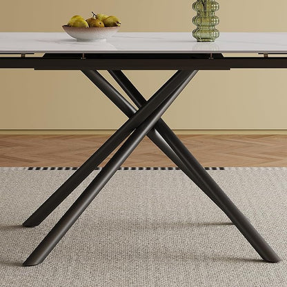 Runboll Extendable Rectangular Dining Table Set for 8, 47"-71" Modern Sintered Stone Kitchen Table with 8 Chairs and Carbon Steel Legs for Dining Room Family Gathering
