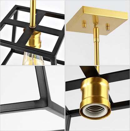 JONATHAN Y 9.25" Black/Brass Gold 1-Light Iron Pendant Lantern, Farmhouse Industrial Cage Light for Kitchen Island Dining Room, Adjustable Height, LED Bulb Included JYL6509A