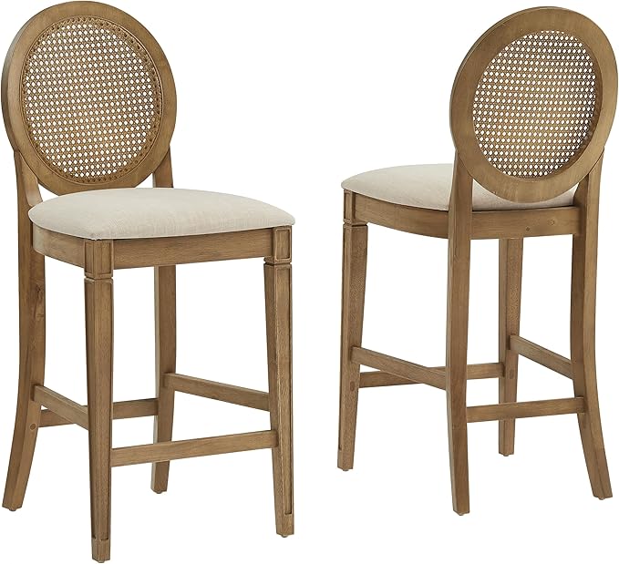 Crosley Furniture Katia Traditional Oval Cane-Back Counter Height Stool Set of 2, Upholstered Bar Stools, Driftwood/Crème