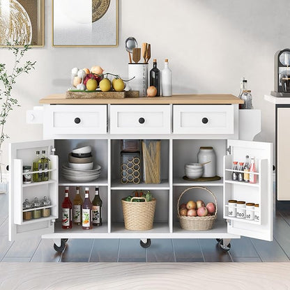 Ball & Cast Kitchen Cart with Rubber Wood Drop-Leaf Countertop,Cabinet Door Internal Storage Racks,Kitchen Island on 5 Wheels W/Storage Cabinet and 3 Drawers for Dinning Room,White,53"