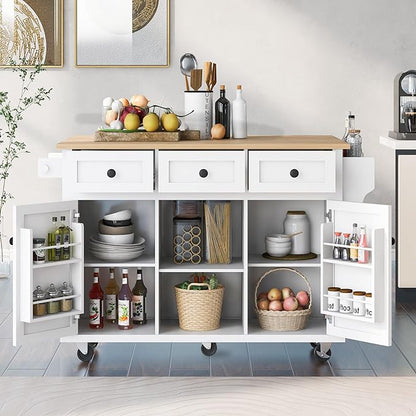 Mobile Kitchen Island with Drop Leaf, Rolling Kitchen Cart on 5 Wheels with Rubberwood Top, Storage Cabinet with 3 Storage Compartment, Spice and Towel Racks for Dining Room