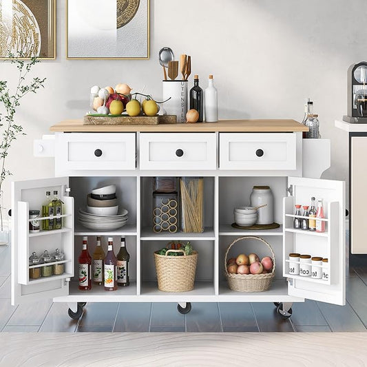 Mobile Kitchen Island with Drop Leaf, Rolling Kitchen Cart on 5 Wheels with Rubberwood Top, Storage Cabinet with 3 Storage Compartment, Spice and Towel Racks for Dining Room