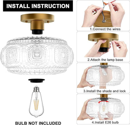 Semi Flush Mount Ceiling Light, Upgraded Larger Gold Glass Ceiling Light Fixture, Vintage Lighting for Hallway Kitchen Bedroom Dining Room, Bulb Not Included