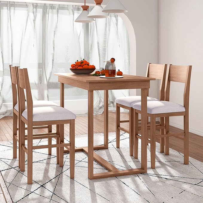 VilroCaz Farmhouse Counter Height Dining Table Set for 4, Wooden 5-Piece Kitchen Pub Bar Table Set, 47'' Rectangular Dining Table and 4 Upholstered Counter Height Chairs for Small Places (Brown-H)