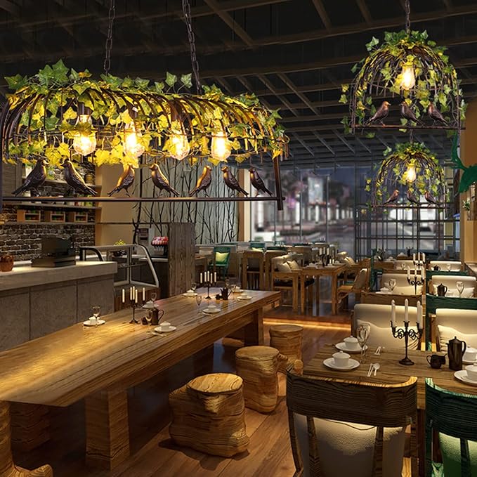 Plant Black Pendant Lighting For Kitchen Island Farmhouse, Black Resin Bird Cage Industrial Pendant Light, Retro Industrial Black Iron Bird Cage Green Plants Black Chandelier Farmhouse Restaurant