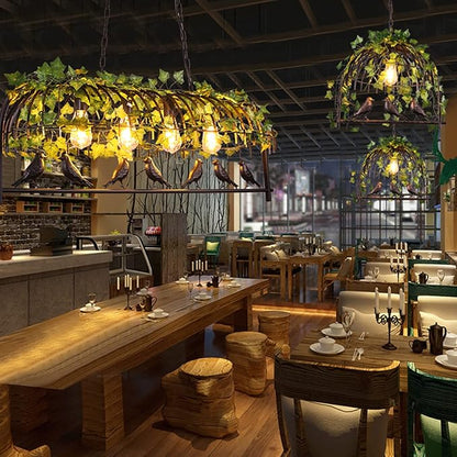 Plant Black Pendant Lighting For Kitchen Island Farmhouse, Black Resin Bird Cage Industrial Pendant Light, Retro Industrial Black Iron Bird Cage Green Plants Black Chandelier Farmhouse Restaurant