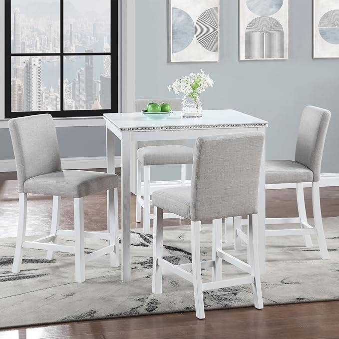 5 Piece Counter Height Dining Table Set for 4, Elegant Wooden Kitchen Table and 4 Upholstered Chairs with Crystal Decoration, Square Dining Table Set for Kitchen and Dining Room, White
