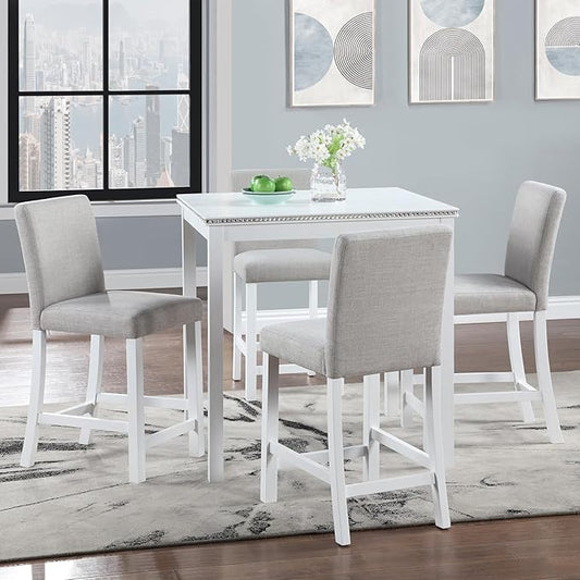 5 Piece Counter Height Dining Table Set for 4, Elegant Wooden Kitchen Table and 4 Upholstered Chairs with Crystal Decoration, Square Dining Table Set for Kitchen and Dining Room, White