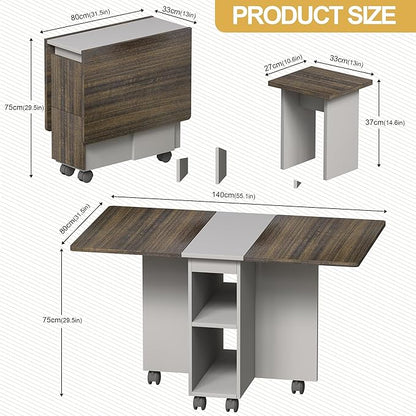 5 Pieces Folding Extendable Dining Table Set with 4 Chair Stool, 55 Inches Drop Leaf Wood Kitchen Dining Room Table Set with Storage and Wheels for Small Space, Grey Brown