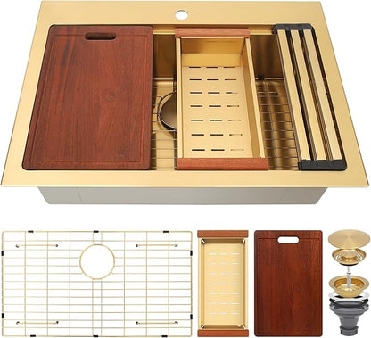 Gold Kitchen Sink 31" X 22",Drop In/Top Mount 16 Gauge Stainless Steel Workstation Sink,Deep & Large Single Bowl Kitchen Sinks (Gold, 31" X 22")