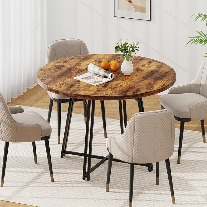 Giantex 47-inches Round Dining Table for 4-6 People, Kitchen Table with Metal Supporting Legs & Cross Base, Circle Dinner Tables for Dinette, Restaurant, Living Room, Dining Room, Rustic Brown