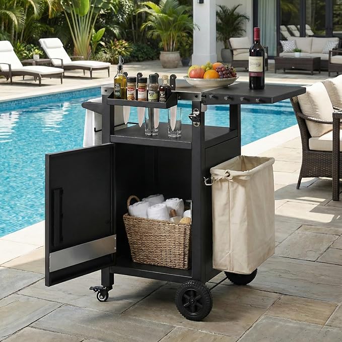 JIJIWANG 33.9" Outdoor Kitchen Island with Stainless Steel Top and Drop Leaf, Rolling Kitchen Cart on Wheels with Storage Cabinet and Spice & Paper Rack for BBQ Waterp, Black