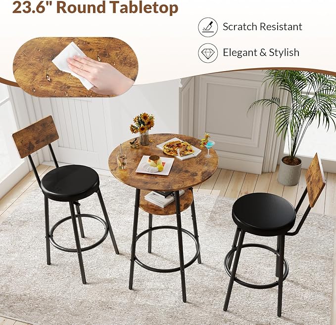 Zevemomo 3 Pieces Round Bar Table Set, Small Dining Table for 2, Modern Kitchen Bar Table, Breakfast Table with Storage, 2 Thickened Cushion Stools with Backrest for Dining Room, Bistro-Brown