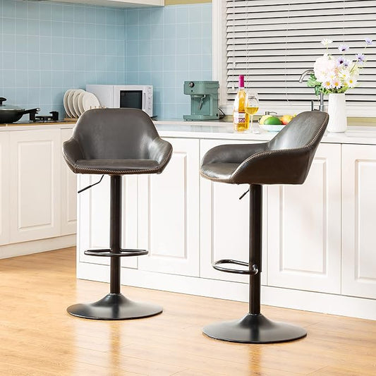Glitzhome 3-Piece Pub Table and Chairs, Square Bar Height Adjustable Swivel PU Leather Bar Stools Set of 2, Rustic Dining Room Tables for Kitchen Island Bistro Office Living Room Small Space