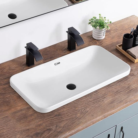 Bathroom Vessel Sink 31.5" X 16.5" Semi Recessed Bathroom Sink Rectangular Drop In Bathroom Sinks with Overflow White Ceramic Vessel Sinks for Bathroom Modern Above Counter Basin Vanity Sink