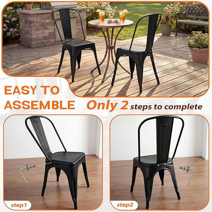 Shahoo Metal Dining Chairs Classic Iron Stackable Industrial Vintage Trattoria with Back, Indoor-Outdoor Side Settee for Home Bistro Cafe Kitchen Restaurant Set of 4, Black