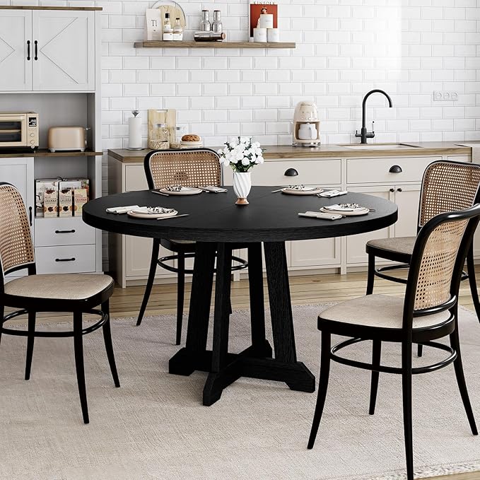 GarveeHome Round Dining Table for 4, 47 Inches Dining Room Table with Wooden Base, Kitchen Table with Circle Tabletop, Dinner Table for Dining Room, Kitchen, Living Room, Black