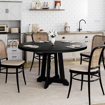IDEALHOUSE Round Dining Table for 4, 47 Inches Dining Room Table with Wooden Base, Kitchen Table with Circle Tabletop, Dinner Table for Dining Room, Kitchen, Living Room, Black