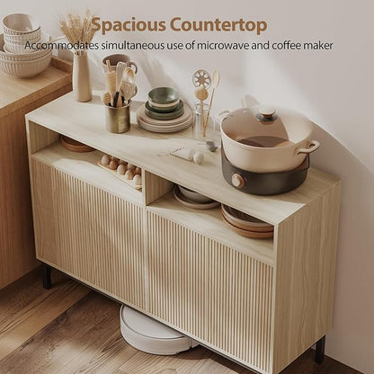 Mericonia Farmhouse Buffet Sideboard Cabinet with Storage, Fluted Coffee Bar with Doors and Adjustable Shelves, Modern Wood Console Cabinet for Kitchen, Livingroom (Fluted 4 Door, Oak)