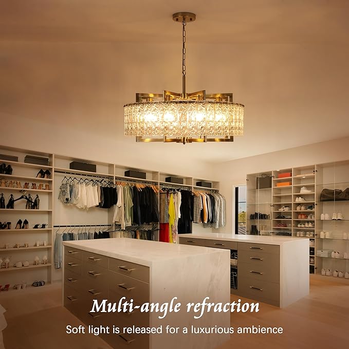 Crystal Gold Chandelier Lighting Fixture, 8 Lights Luxury Crystal Glass Pendant with Adjustable Chain,Ceiling Mounted for Dining Room Kitchen Living Room Foyer- 30in (Sloped/Hight Ceiling)