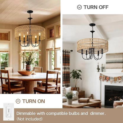 24 Inch Farmhouse Rattan Chandelier, Hand-Woven Boho Pendant Light Fixture with Black Metal Frame, Rustic Hanging Ceiling Lighting for Dining Room, Kitchen Island, Living Room, Bedroom