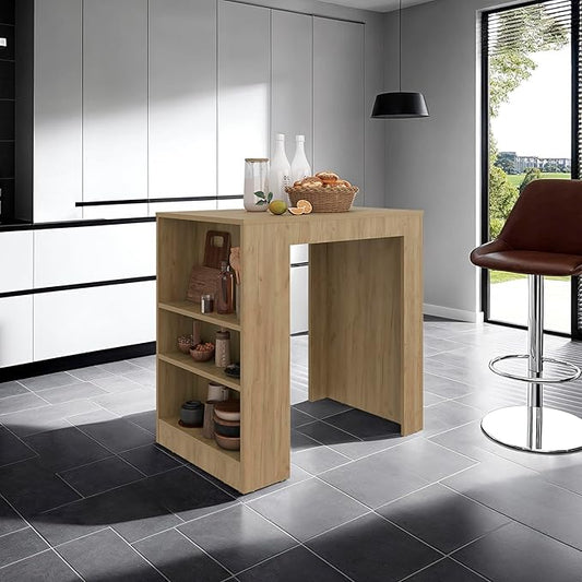GOWE Lacour Kitchen Island, Kitchen Bar Table with 3-Side Shelves, Natural Oak