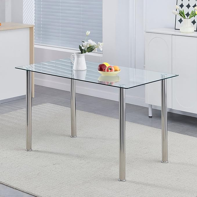 Glass Dining Table for 4, Modern 47" Clear Table with Chrome Silver Legs and Tempered Glass top for Kitchen, Small Space