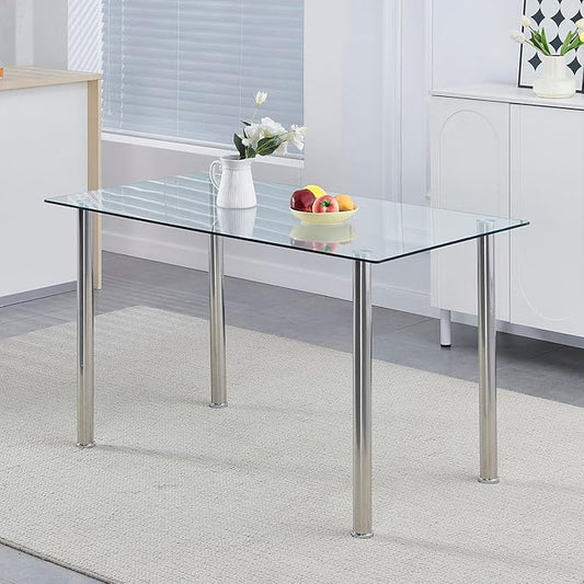 Glass Dining Table for 4, Modern 47" Clear Table with Chrome Silver Legs and Tempered Glass top for Kitchen, Small Space