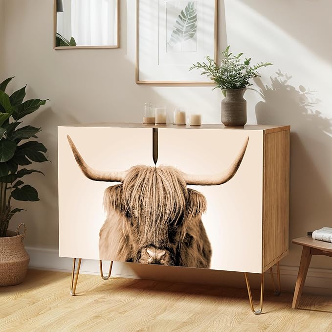 SIGNWIN Sideboard Buffet Cabinet, Kitchen Storage Cabinet with 2 Doors, Duotone Sepia Shetland Cow, Cupboard Console Table for Dining Room - 35" L x 18" W x 29" H