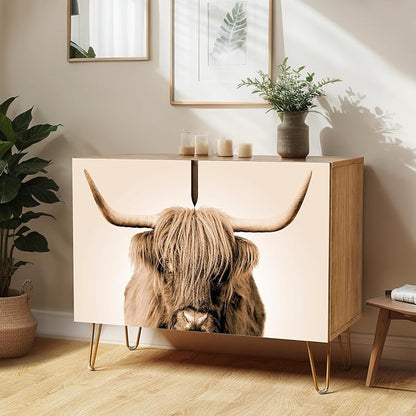 SIGNWIN Sideboard Buffet Cabinet, Kitchen Storage Cabinet with 2 Doors, Duotone Sepia Shetland Cow, Cupboard Console Table for Dining Room - 35" L x 18" W x 29" H