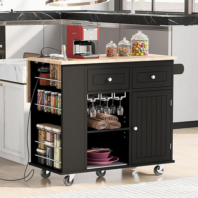 Ball & Cast Kitchen Island with Power Outlet,Kitchen Island with Drop Leaf and Rubber Wood,Open Storage and Wine Rack,5 Wheels,W/Adjustable Storage for Home,Kitchen,Dining Room,Black,40"