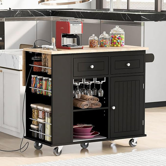 Ball & Cast Kitchen Island with Power Outlet,Kitchen Island with Drop Leaf and Rubber Wood,Open Storage and Wine Rack,5 Wheels,W/Adjustable Storage for Home,Kitchen,Dining Room,Black,40"