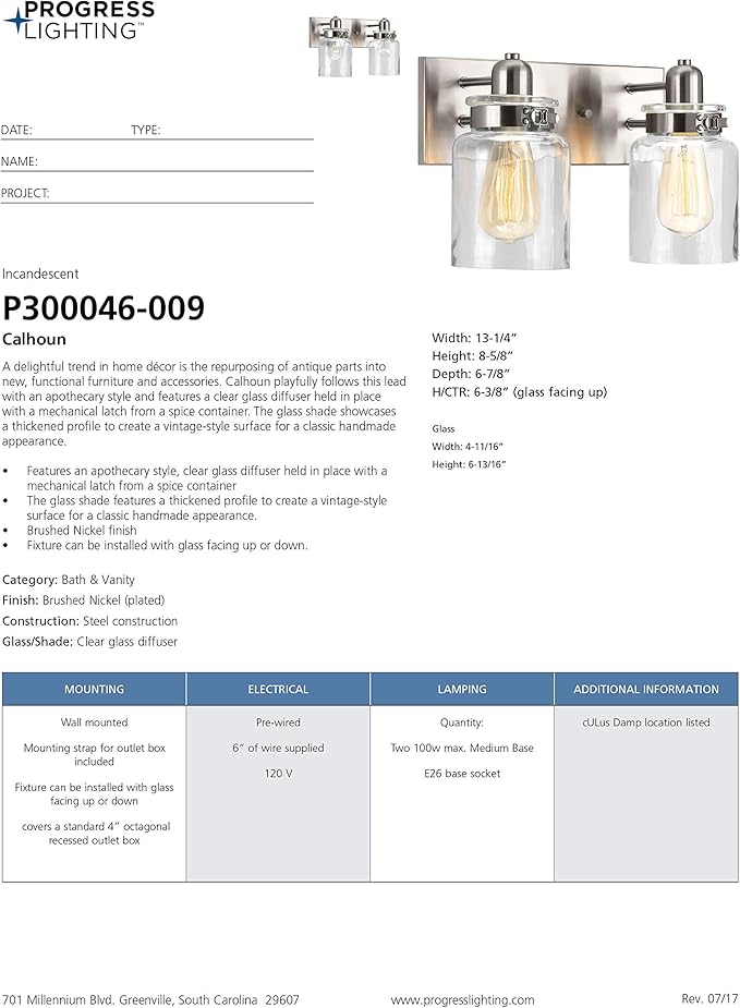 Progress Lighting P300046-009 Calhoun Collection Clear Glass Farmhouse Bath Vanity Light, 2-Light, Brushed Nickel