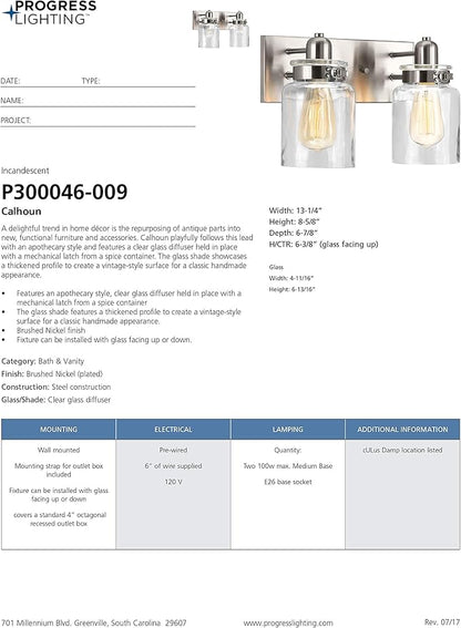 Progress Lighting P300046-009 Calhoun Collection Clear Glass Farmhouse Bath Vanity Light, 2-Light, Brushed Nickel