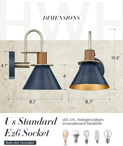 HWH Rustic Wall Sconces, Industrial Sconce Wall Lighting Indoor Wall Lamp, 1-Light Barn Vanity Light for Bathroom Bedroom Bedside, Hammered Metal Shade, Navy Blue Finish, 5HZG74B BL+BG