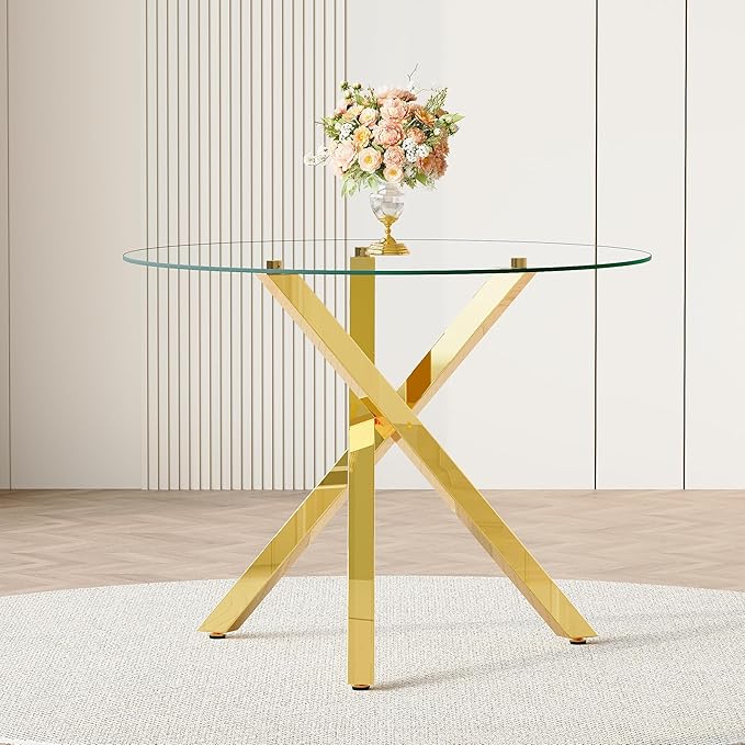 Round Glass Dining Table 39 Inch Modern Round Kitchen Table with Metal Legs Durable Stylish Dinner Table for Dining Room Kitchen